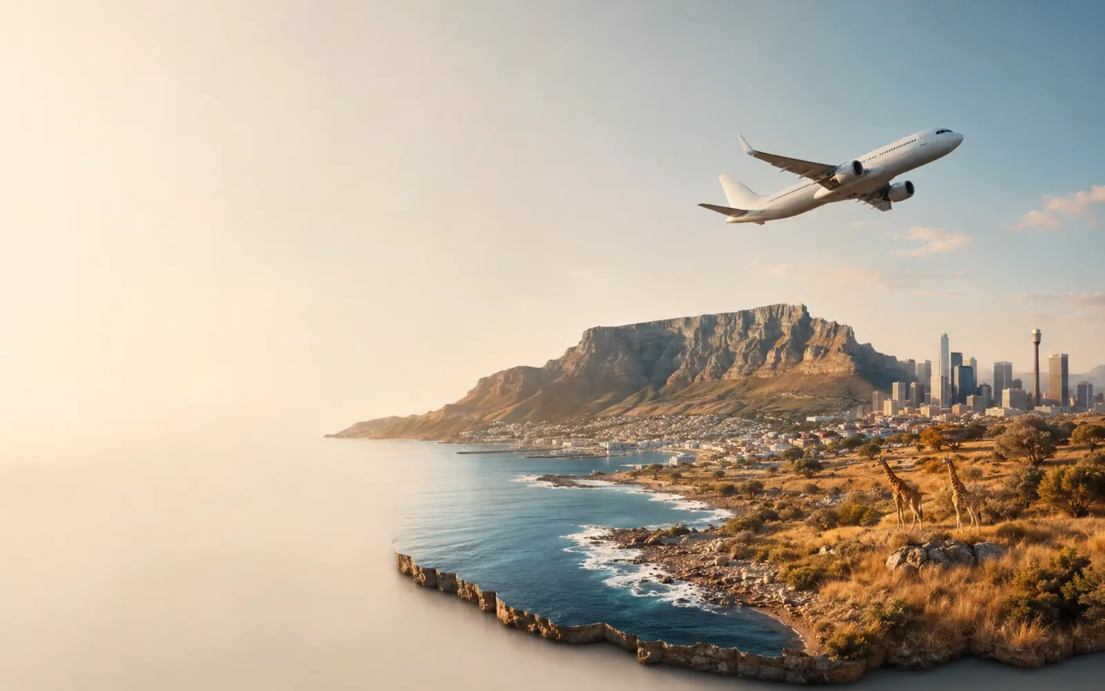 South African flight-planning scene with an aircraft, Table Mountain, coast, city skyline and wildlife