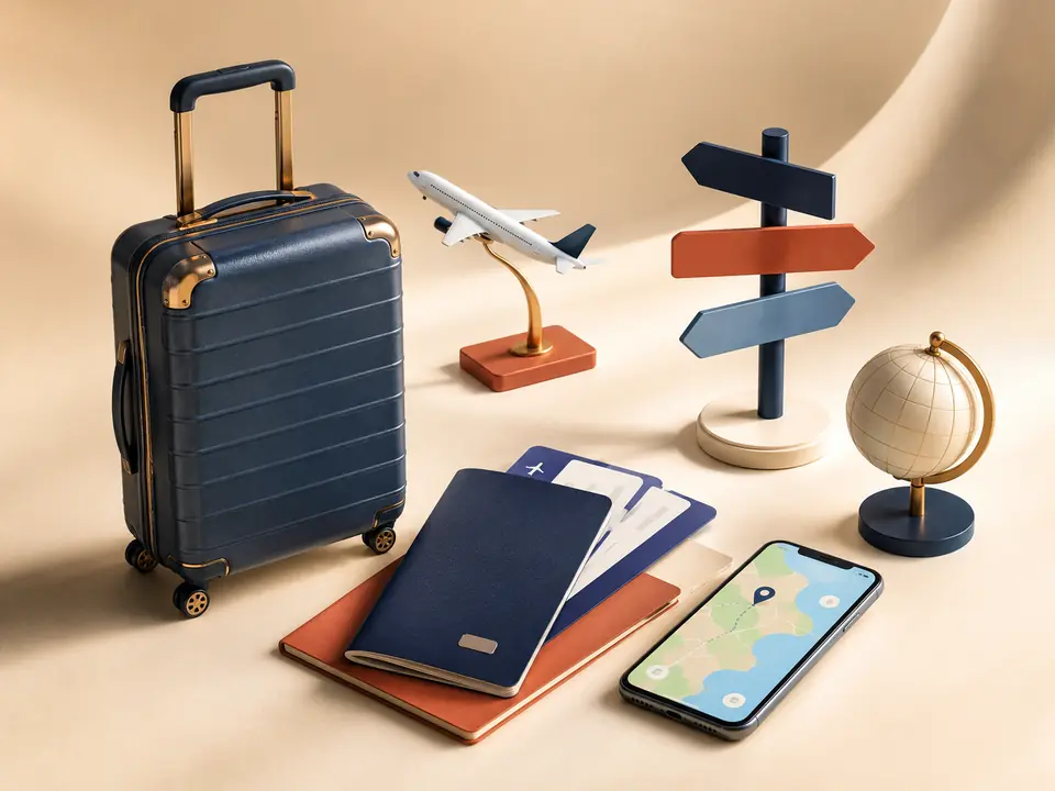 3D travel-planning arrangement with luggage, aircraft, generic travel documents, direction signs and a map